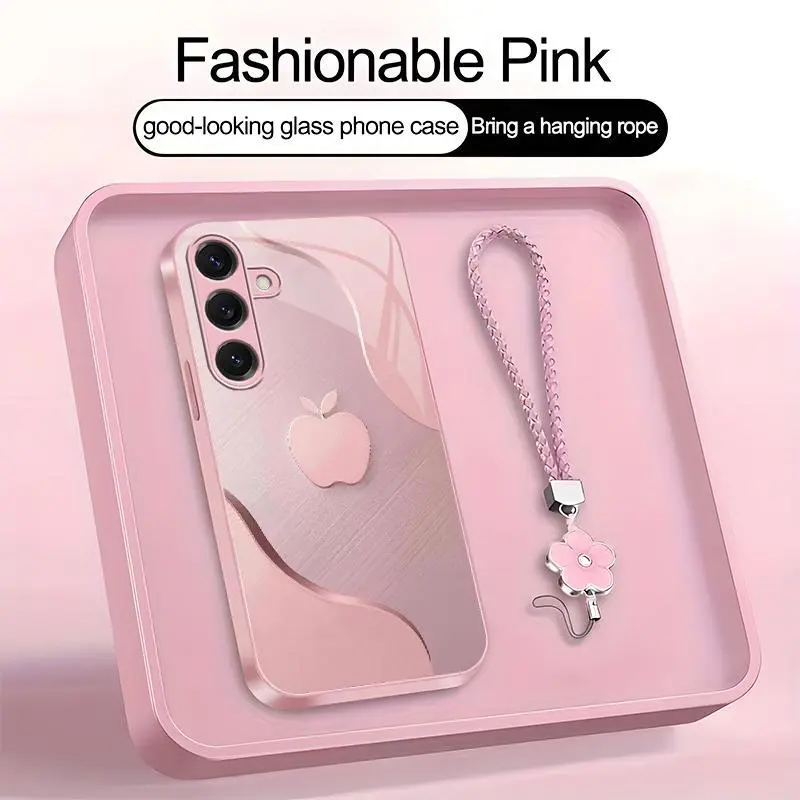 Luxury Faux Brushed Metal Texture Phone Case with Flower Lanyard | Glossy Glass Feel 2D Printed Cover | for [Galaxy S25] 952