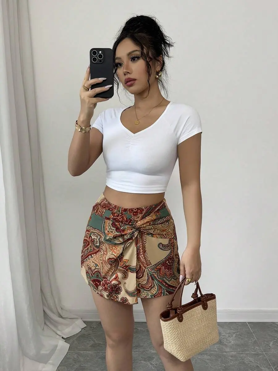 POCAME Print Twist Tie Wrap Shorts, Casual Holiday Beachwear