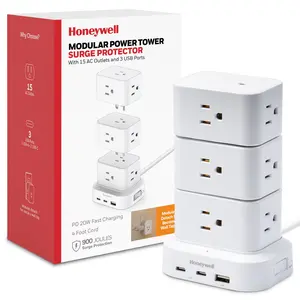 Honeywell Power Tower Modular Charging Station, 15 AC Outlets, 3 USB Ports (1 USB-A, 2 USB-C 20W PD), 900 Joules Surge Protector, 4ft Extension Cord, White