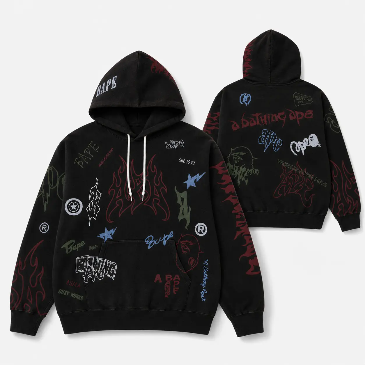 BAPE Men’s All-Over Graphic Pullover Hoodie, Graffiti Flame Streetwear Sweatshirt, Oversized Casual Long Sleeve Hoodie