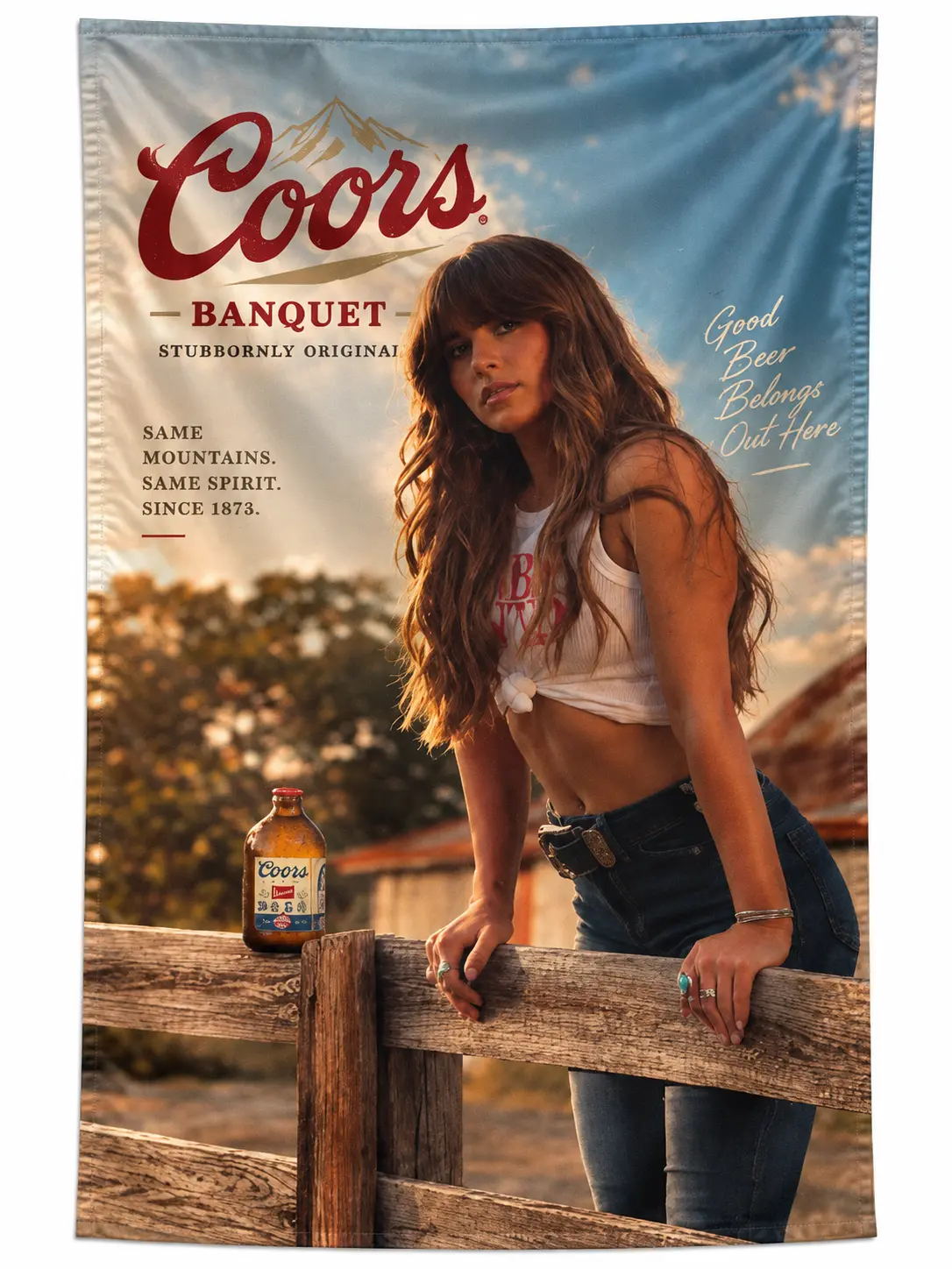 Rustic Country Beer Flag Tapestry, Sunset Model and Wooden Fence Photo, Western Home Bar Decor, Farmhouse Wall Hanging, Man Cave Banner, Gift for Country Lovers