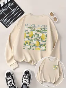 Women's Casual Long Sleeve Round Neck Sweatshirt, Lemon Floral Print, Spring & Fall Fashion, Fitted Style, Thin Fabric
