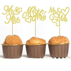 12/24 PCS Mr & Mrs Cupcake Toppers Glitter Love Heart Cupcake Picks Wedding Engagement Cake Decorations for Bridal Shower Theme Birthday Party Supplies Ornaments Insert
