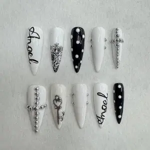 Gothic Cross Press On Nails: Black, White, and Chrome Angel Nail Art