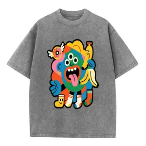 Men's Short-Sleeve Washed Cotton T-Shirt - Menswear, Colorful Monster & Donut Bold Abstract Cartoon Art Tee, TikTok Viral Casual Streetwear Top