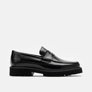 Adler Black Leather Lug Penny Loafers Adler Black Leather Lug Penny Loafers