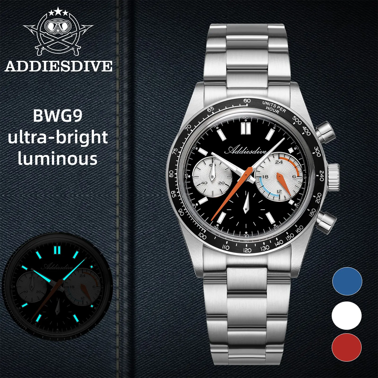 ADDIESDIVE 37mm VK63 Men's Watch Multifunction Chronograph Watch - Domed Crystal, 10ATM, 316L Stainless Steel, BGW9 Super Luminova,  Racing Watch, Pilot Watch