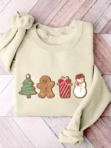 Women's Cartoon Gingerbread Man Print Crew Neck Sweatshirt, Casual Long Sleeve Pullover, Women's Fall & Winter Clothes for Daily Wear