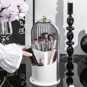 360° Rotating Makeup Brush Holder with Lid, Dustproof Clear Acrylic Cosmetic Organizer for Vanity, Makeup Brushes Storage Case with Gold Knob
