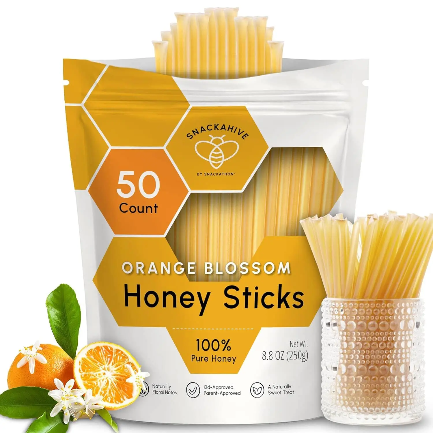 Snackathon Honey Sticks, Orange Blossom Pure Honey, Made in USA Honey Straws for Tea & Coffee, Single Serve (1 Teaspoon per Stick)