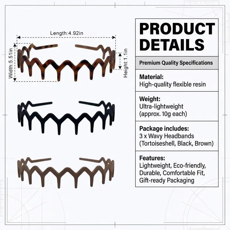 Women’s Zig Zag Headbands, 3-Pack Flexible Wavy Resin Headbands, Non Slip Fashion Hair Accessories, Tortoiseshell, Black & Milk Tea Brown