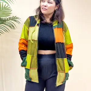 Patchwork Long Sleeve Jacket, Hippie Style Men/Women Patch Sweater, Boho Style Duster, Medium to XXL Winter Hooded Jacket with Pocket