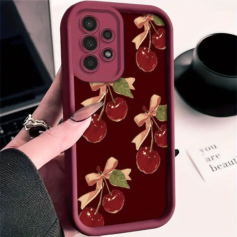 Wine Red Sweetheart Cherry Bows Printed Soft Silicone TPU Smartphone Case, Waterproof Non-Slip Full Lens Cover for Samsung Galaxy S26 S24 Plus-S21 Ultra FE S24+ Note20 A54-A13 (Gift Option)