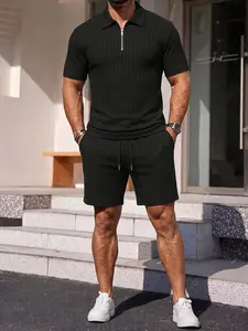 Men's Black Ribbed Knit 2-Piece Outfit, Half Zip Polo Shirt and Drawstring Shorts Set, Slim Fit Casual Co-ord, Textured Loungewear for Summer Vacation, Smart Casual and Street Style