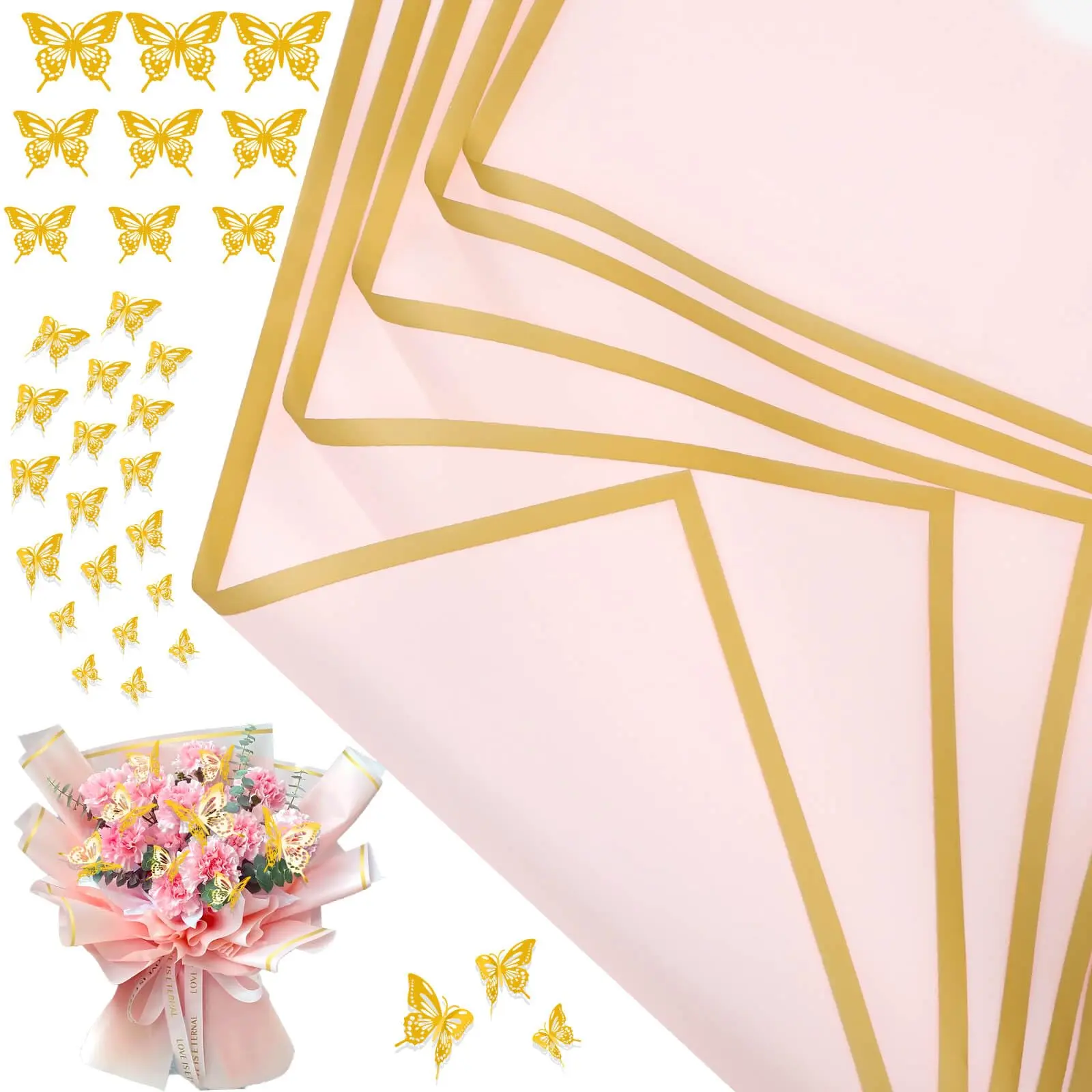 (20 Sheets) 12pcs Butterfly Decorative Floral Gift Wrapping Paper, Waterproof Semi-Transparent Packaging for Valentine's Day Bouquets