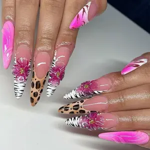 30pcs 3D Rose Gold Flower Nail Art, Leopard & Zebra Print Color Block Almond Shape Nails, Medium Length Glossy Finish