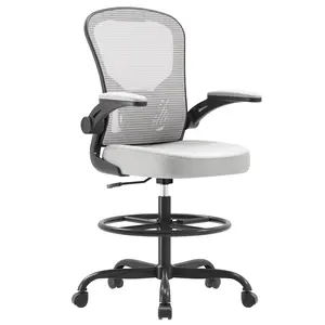 Synorla Ergonomic Drafting Chair, Tall Office Chair with Flip-up Armrests, Breathable Mesh High Desk Chair with Lumbar Support Adjustable Footrest Ring for Standing Desk, Home Office Studio