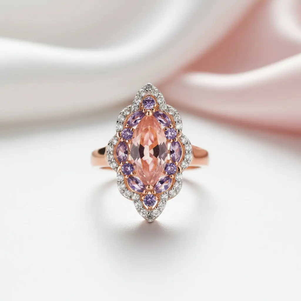 Vintage Marquise-cut Morganite Halo Engagement Ring