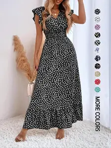 Women's Spring Summer Fashion Floral V Neck Ruffle Waist Slim Boho Style Dress, Long Cap Sleeve Fitted Wrap Dress for Vacation