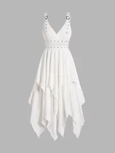Plain Color Layered Dress Grommet Plunging Neck Empire Waist Adjustable Strap Asymmetrical Midi Dress