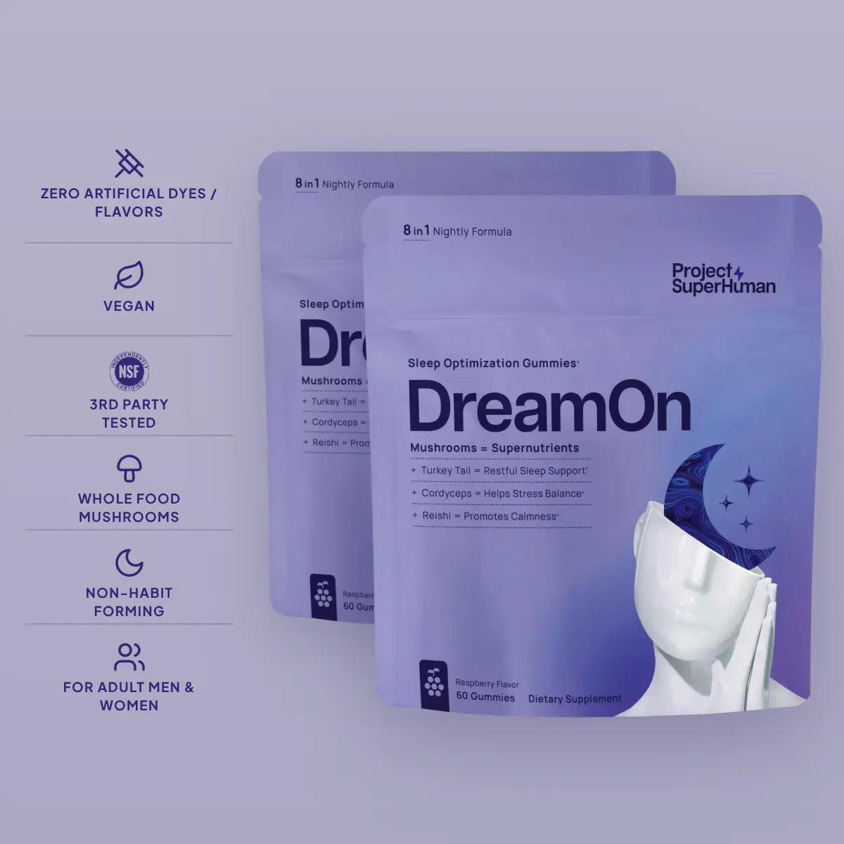SuperSleep Bundle - DreamOn x2 - Sleep Gummies for Adults, DreamOn 8-in-1 Deep Sleep Support with 6mg Melatonin, L-Theanine, Lion's Mane, Reishi, Cordyceps & Turkey Tail Mushrooms, Non-Habit Forming, Vegan, Gluten-Free, Raspberry, 120 Ct / 60 Servings