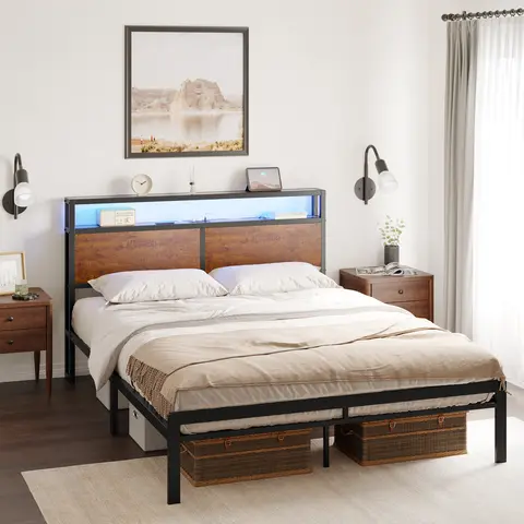 Industrial Metallic Bed Frame - Bedroom Furniture with Platform Flat Bed Design, LED Light Headboard, Footboard, USB Port, Multi-Size Options (Queen, Double, King), Assembly Required