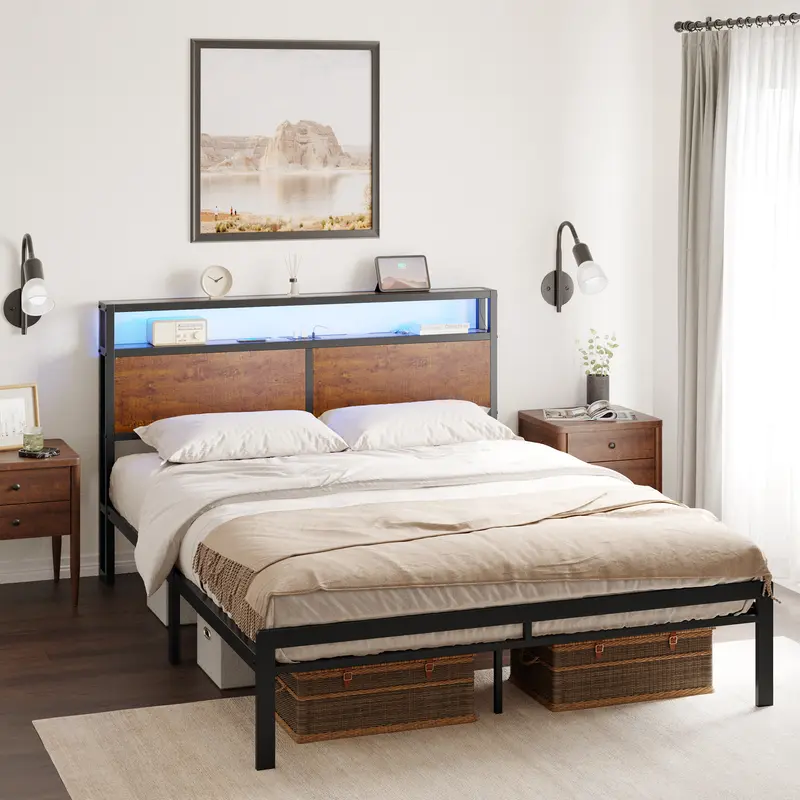 Industrial Metallic Bed Frame - Bedroom Furniture with Platform Flat Bed Design, LED Light Headboard, Footboard, USB Port, Multi-Size Options (Queen, Double, King), Assembly Required