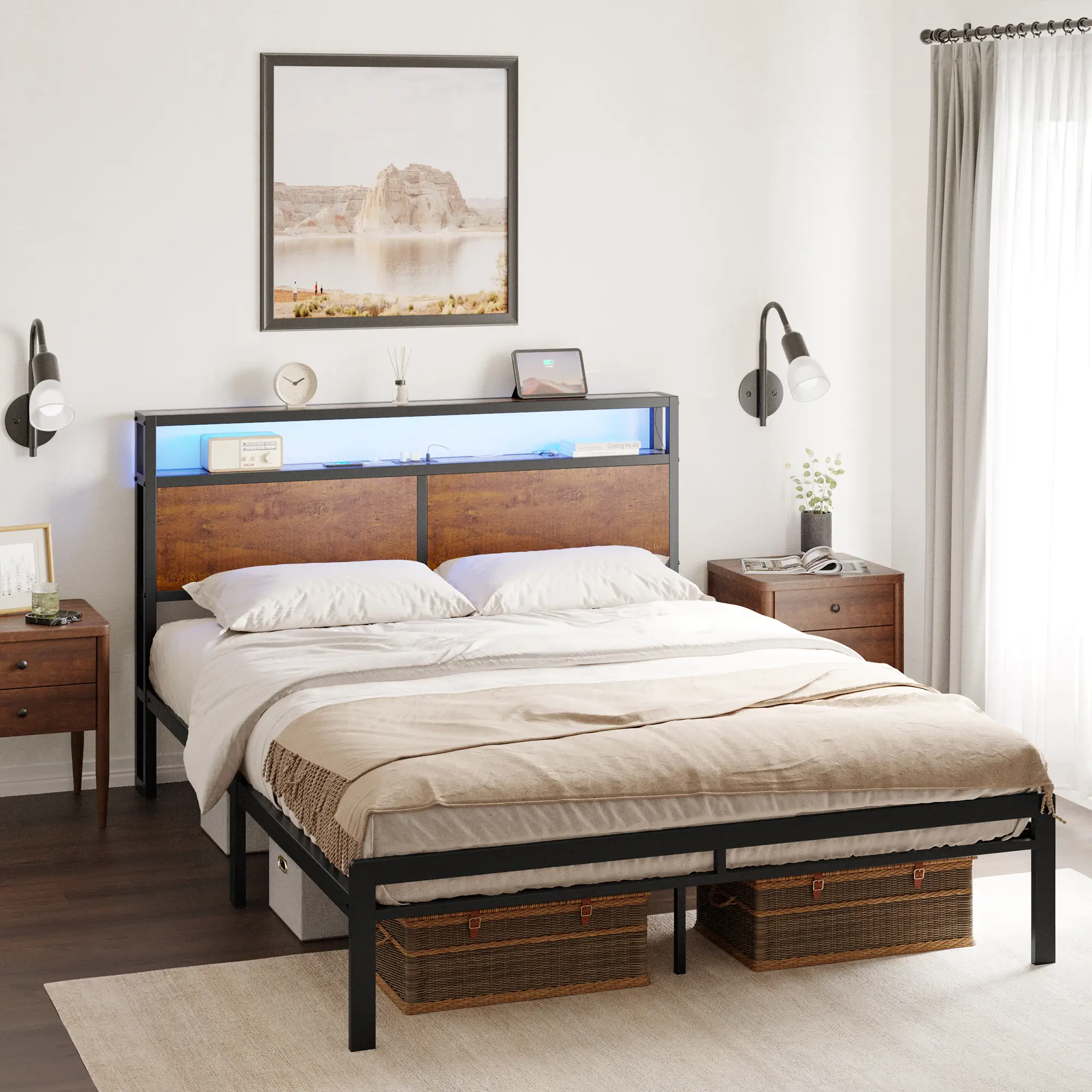Metal Bed Frame with Headboard & Footboard and Charging Station, LED Light Included
