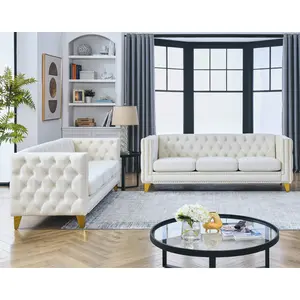 Chesterfield Sofa Set of 2 Modern Velvet Couch with Button Tufted & Nailhead Trim, Upholstered Deep Seat Couch, Comfy Sofa for Living Room, Bedroom, Apartment, Office(80.5" W + 80.5" W), Beige