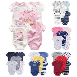 Kiddiezoom 5 Pcs Fashion Newborn Cartoon Short Sleeve Baby Boy Girl Bodysuits Soft 100%Cotton Infant Onesies