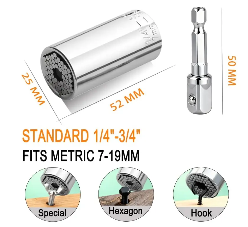 Universal Self-Adjusting Socket Wrench - 7-19mm Metric Sizes (millimeters), Power Drill Adapters Included, Fits Most Nuts and Bolts, Ideal Tool Gift for Men