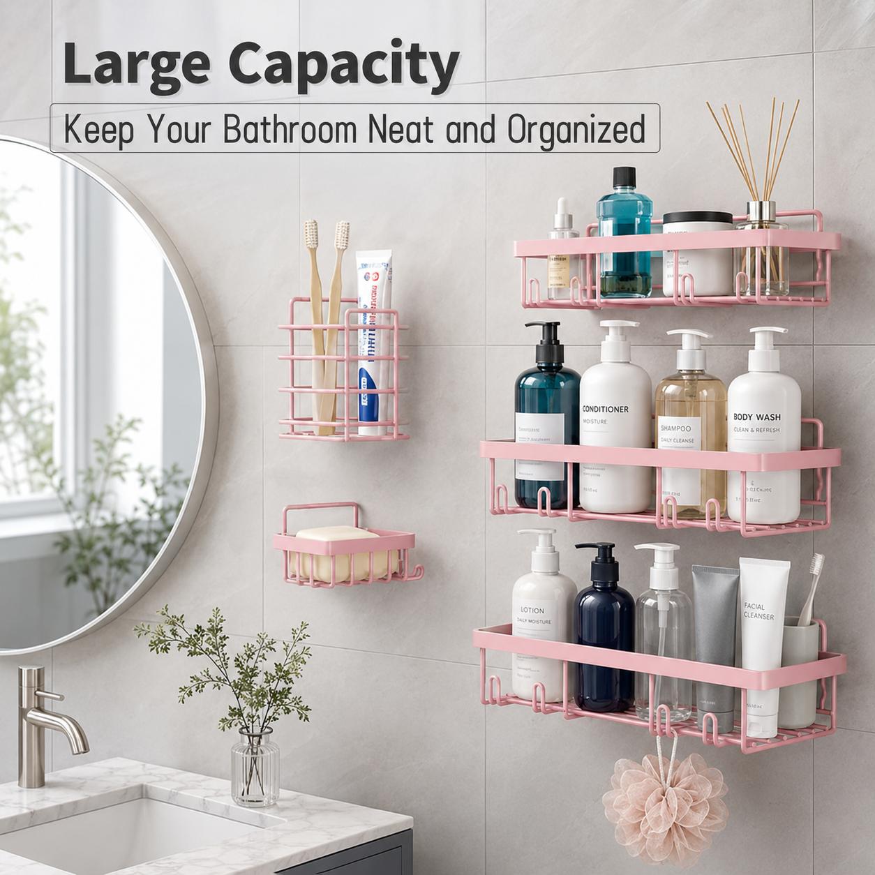 Black Shower Caddy 5 Pack, Adhesive Bathroom Organizer Shelves No Drilling, Rustproof Shower Storage Rack with Hooks, Toothbrush Holder & Soap Dish, Renter Friendly Apartment Essentials for Small Bathroom, Dorm, RV, Kitchen