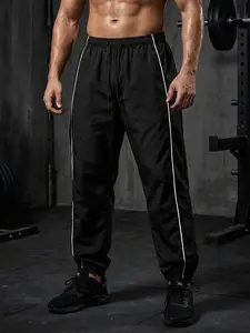 Men's Trendy Sporty Pants with Lines, Gym Workout Running Trousers with Side Pockets, Athletic Quick-Dry Breathable Sweatpants, Drawstring Elastic Waist, Adjustable Cuffs