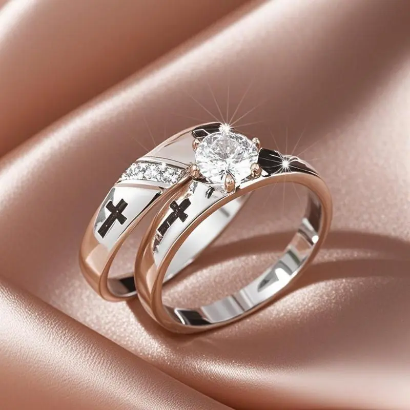 2pcs Luxury Geometric Elegant Cross Couples Ring for Women Wedding Men Engagement Party Jewelry Accessories
