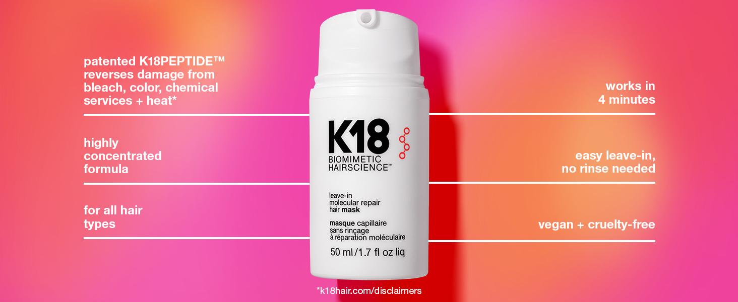 K18 Leave-In Molecular Repair Hair Mask, Patented, Lasting Repair For Dry, Frizzy, Damaged Hair, Reverse Damage In 4 Minutes From Bleach, Color, Chemical Services + Heat