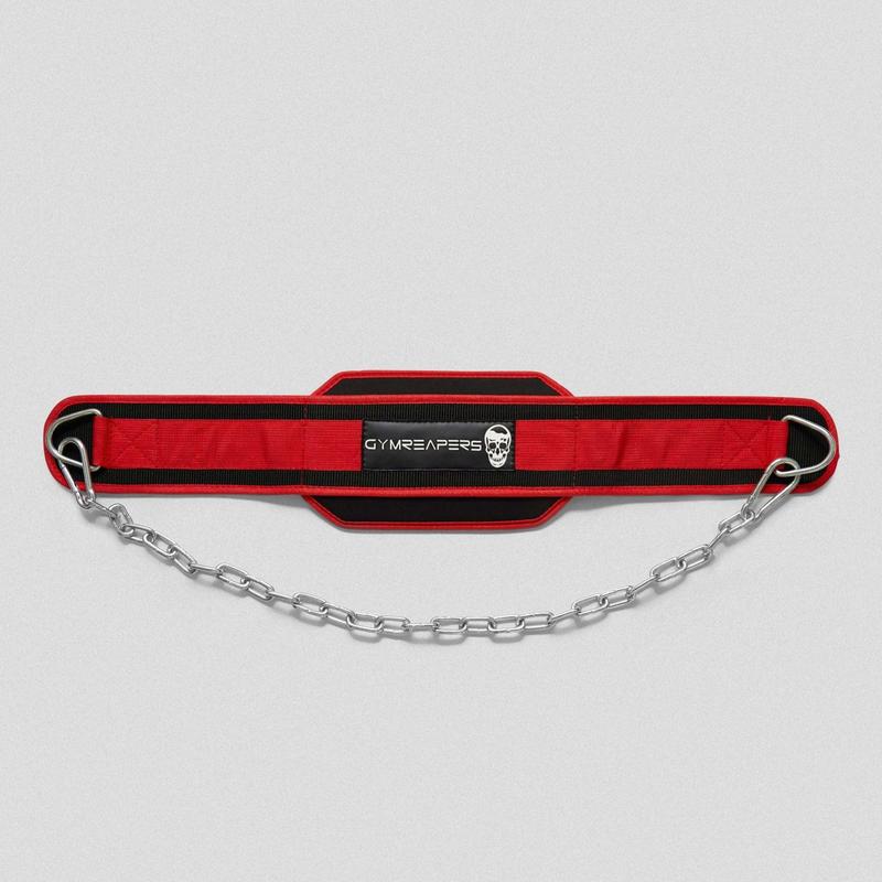 GYMREAPERS Dip Belt with Back Support and Heavy-Duty Steel Chain for Weighted Dips, Chin-Ups, and Pull-Ups - Red