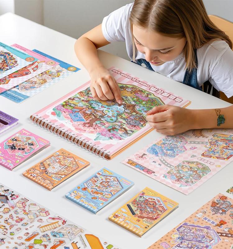 Pocket DIY 3D House Stickers, 32 Sets Fun DIY Sticker Scene Make Your Own Mini House Cute Cartoon Animal Scene Stickers for Kids Adult Sticker Art Relief Stress Pass The Time Holiday Christmas Fun