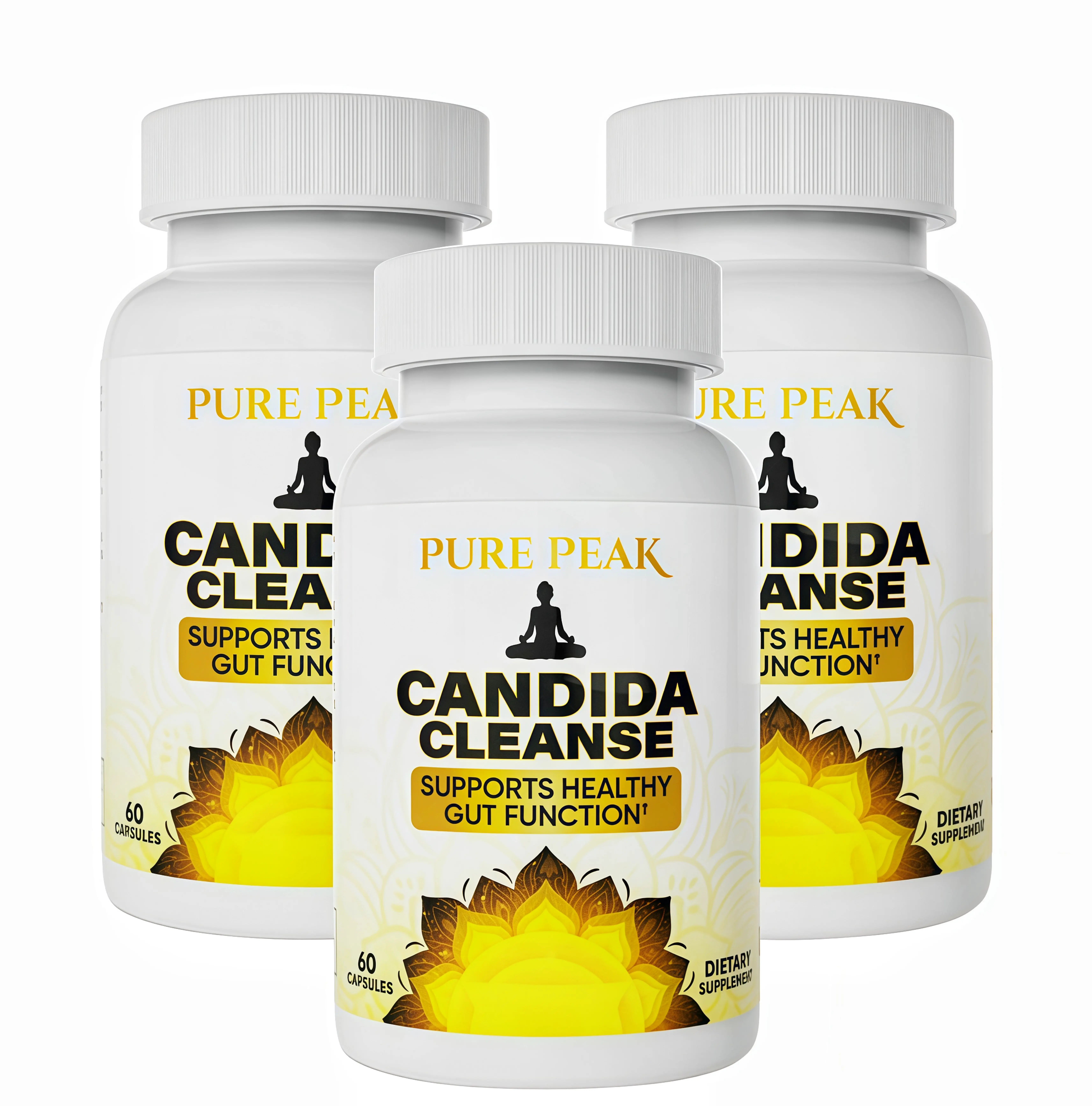 3 Piece Pure Peak Candida Cleanse Supplement -IG Supports Healthy Gut Function & Intestinal Balance, with Oregano, Caprylic Acid, LactoSpore Probiotics, Wormwood, Black Walnut - 60 Capsules
