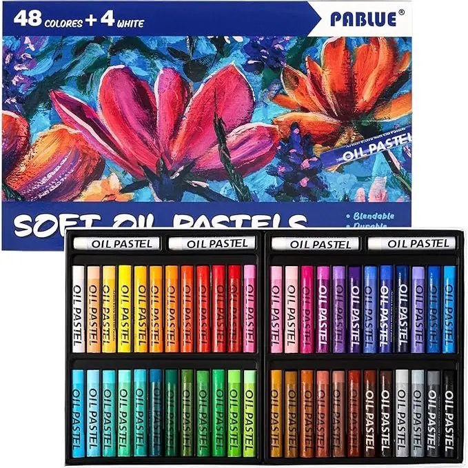 Pablove Soft Oil Pastels Colorful Pack - 48 Rich Colors + 4 White, Balanced Formulation, Finest Raw Materials, Consistent Softness, High-Quality Pigments, Blendable, Durable, Strong Covering Power, Ideal for Adults' Scratch Art, Holiday Gift Option, Artis