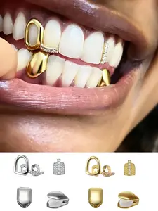 4pcs Hip Hop Fashion Set Hollow Design, 14k Gold Plated Copper Micro Inlaid Zircon Craftsmanship, Grills for Teeth Women Tooth Gem Kit