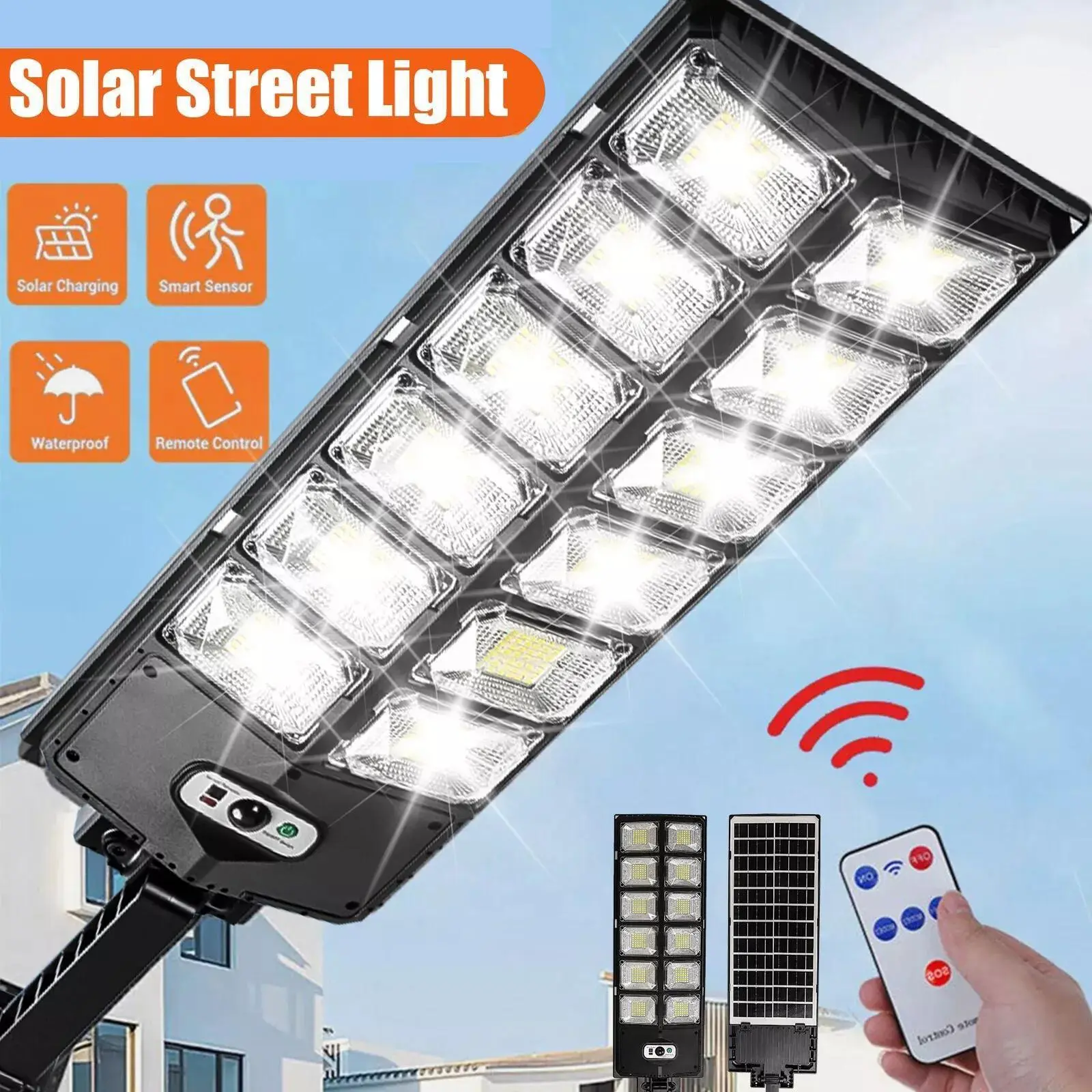 Solar Street Lights Outdoor Waterproof, Solar Powered Street Lights with Remote Control, Dusk to Dawn Solar Flood Light Motion Sensor Solar Parking Lot Lights for Yard, Deck, Garden, SummerVibes