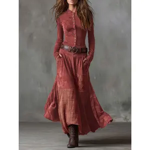 Women's Vintage Plaid Patchwork Pocket Button-Front Flared Dress, Elegant and Functional for a Chic, Everyday Look