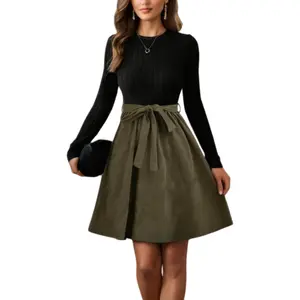 Asvivid Women's Elegant Casual Ribbed Knit Slim Bodice Contrast Flared Skirt Patchwork Long Sleeve Dress with Bow Fall Cloth for Women
