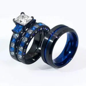 Ringcrown Couple Rings Matching Ring Three Stone Princess 1.5ct CZ Black Gold Plated Women Wedding Ring Sets For Him And Her Ring Sets Men Blue Titanium Steel Wedding Band