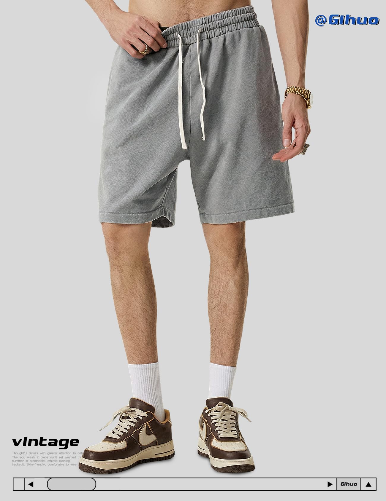 Gihuo Mens Unisex Sweat Shorts Cotton Athletic Shorts Vintage Acid Wash Elastic Waist Drawstring Workout Shorts with Pockets Womenswear Basic Bottom Casual Minimalist