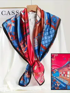 100% Mulberry Silk 34.64" Square Scarf Shawl, Magenta Oriental Architecture Pattern, Classic & Elegant, All-Season Versatile, Gift-Wrapped, Perfect Gift for Valentine’s Day, Christmas & Mother’s Day