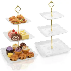 2 Pack 3-Tier White Embossed Dessert Cake Stand with Gold Carry Handle, Cupcake Stand Serving Trays, Porcelain Food Server Display Holder