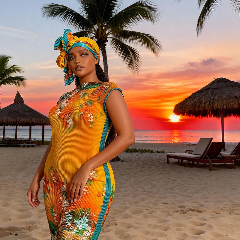 Women's Elegant Animal Print Long Dress Set, Slim-Fitting Muumuu Dress & Scarf, Beach Sun Protection Shawl, All Seasons Fashion