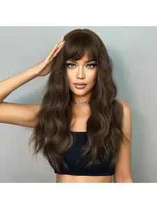 26 Inch Long Brown Curly Wavy Wigs with Bangs for Women Natural Looking Synthetic Heat Resistant Fiber Hair Wig for Daily Party Cosplay Halloween Costumes