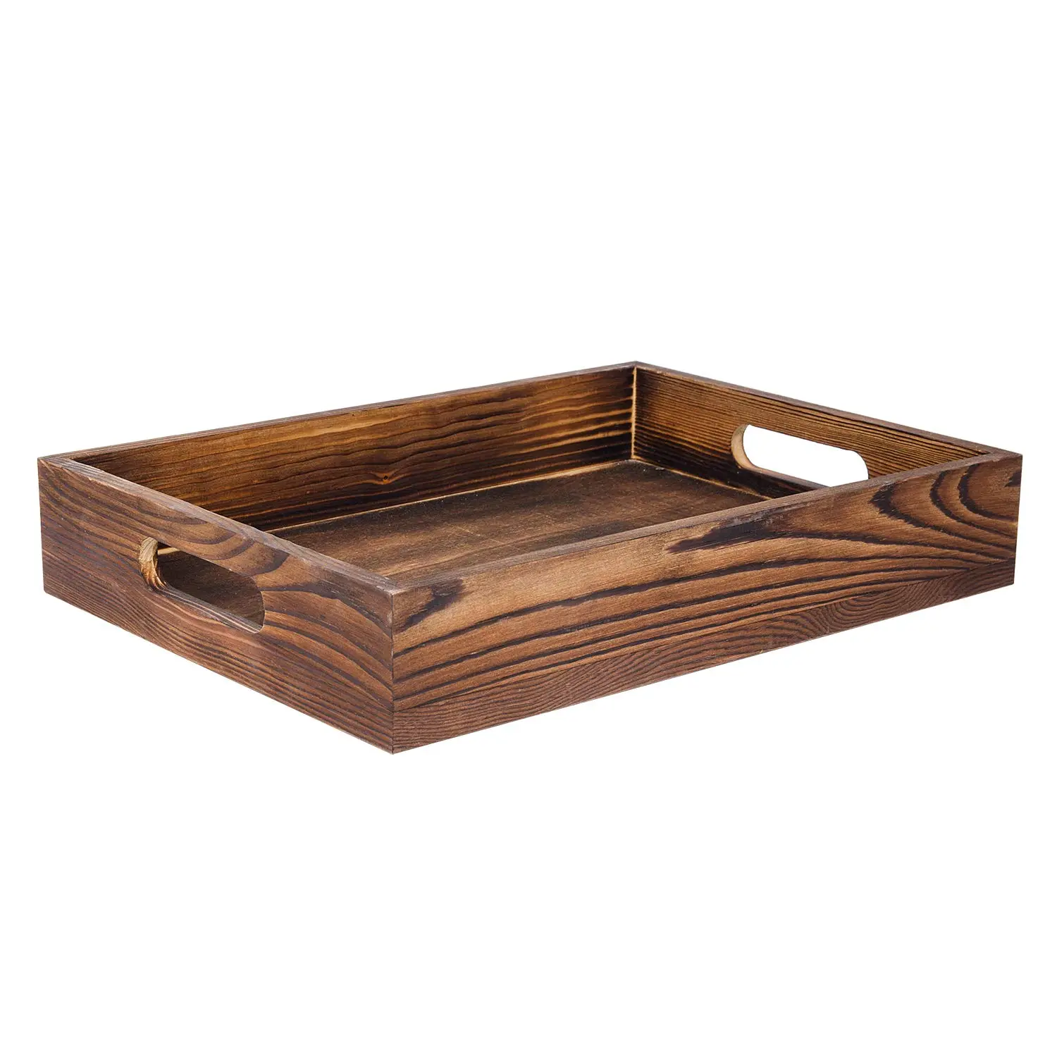 Liry Products Rustic Brown Wood Food Serving Tray Cutout Handles Breakfast In Bed Coffee Wine Rectangular Ottoman Nesting Crate Tabletop Storage Box Desktop Document Holder Party Office Home Kitchen